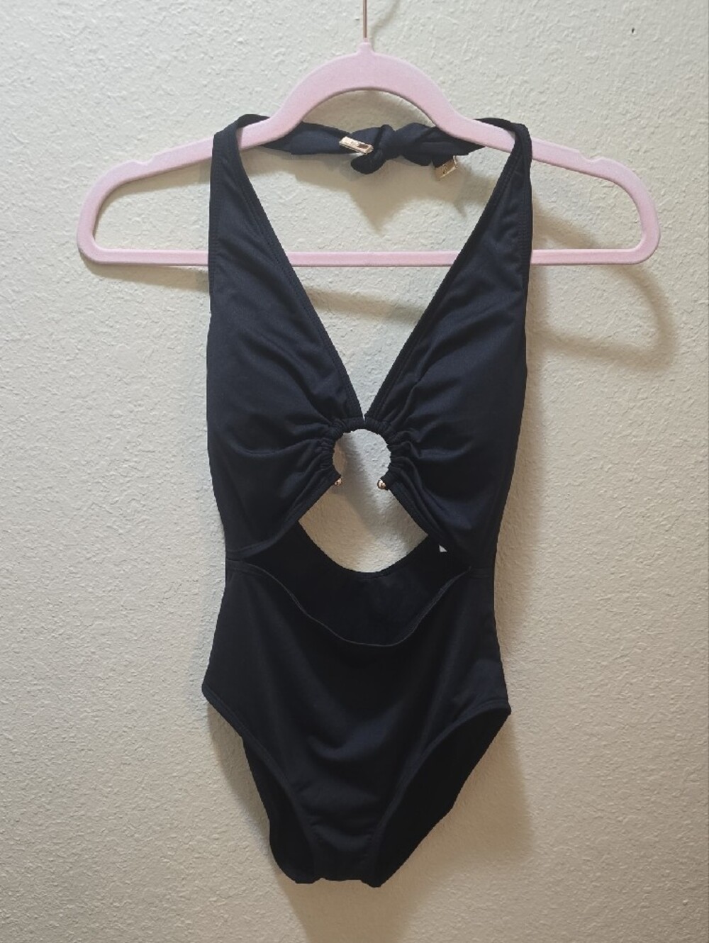 NWT Michael Kors Black Halter One-Piece Swimsuit with Front Cutout